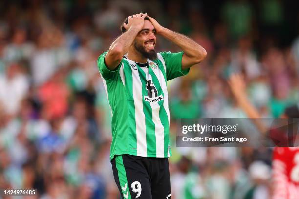 Borja Iglesias of Real Betis reacts during the LaLiga Santander match between Real Betis and Girona FC at Estadio Benito Villamarin on September 18,...