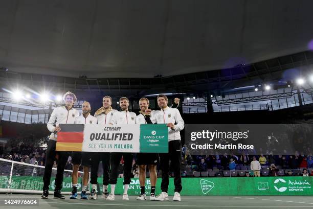 Alexander Zverev, Tim Puetz, Jann-Lennard Struff, Oscat Otte, Kevin Krawietz and team captain Michael Kohlmann pose for a photo after the Davis Cup...