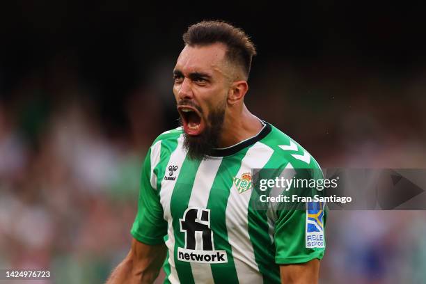 Borja Iglesias of Real Betis celebrates after scoring their team's second goal during the LaLiga Santander match between Real Betis and Girona FC at...