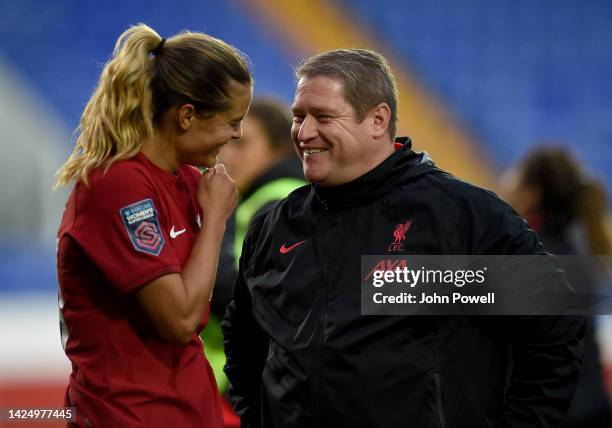 Matt Beard manager of Liverpool Women laughing with Katie Stengel of Liverpool Women at the end of the FA Women's Super League match between...