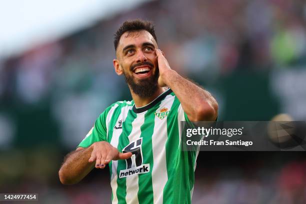 Borja Iglesias of Real Betis celebrates after scoring their team's second goal during the LaLiga Santander match between Real Betis and Girona FC at...