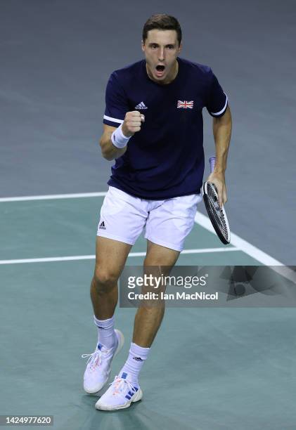 Joe Salisbury of Great Britain reacts in the first set during the Davis Cup Group D match between Great Britain and Kazakhstan at Emirates Arena on...