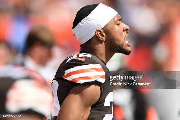 Grant Delpit of the Cleveland Browns stretches his jaw before the game against the New York Jets at FirstEnergy Stadium on September 18, 2022 in...