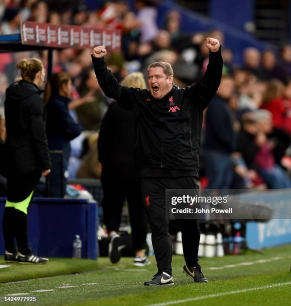 Matt Beard manager of Liverpool Women celebrates at the end of the FA Women's Super League match between Liverpool FC and Chelsea FC at Prenton Park...