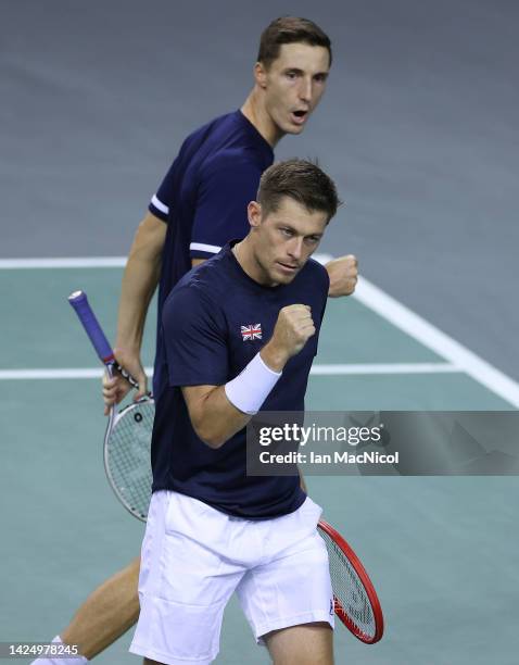 Neal Skupski of Great Britain and Joe Salisbury of Great Britain together in the second set during the Davis Cup Group D match between Great Britain...