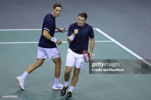 Neal Skupski of Great Britain and Joe Salisbury of Great Britain together in the second set during the Davis Cup Group D match between Great Britain...