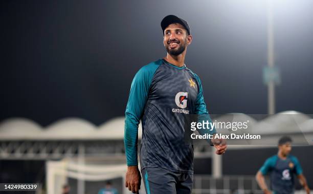 Shan Masood of Pakistan looks on during a Net Session at The National Stadium on September 18, 2022 in Karachi, Pakistan.