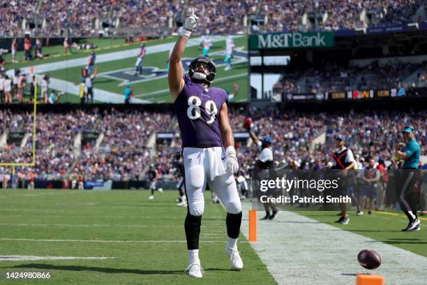 Mark Andrews of the Baltimore Ravens celebrates a second quarter touchdown against the Miami Dolphins at M&T Bank Stadium on September 18, 2022 in...