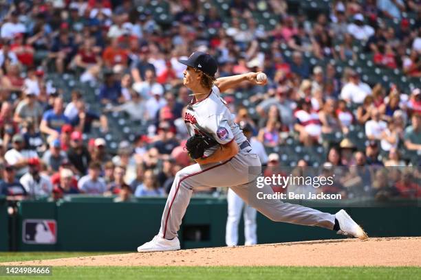 Joe Ryan of the Minnesota Twins pitches against the Cleveland Guardians in the first inning at Progressive Field on September 18, 2022 in Cleveland,...