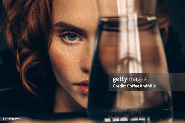 beautiful redhead woman - faces freckles stockfoto's en -beelden