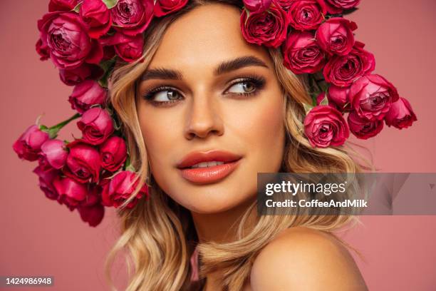 young beautiful girl with wreath of flowers on her head - fine art portrait stock pictures, royalty-free photos & images