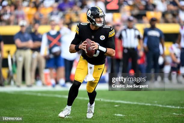 Mitch Trubisky of the Pittsburgh Steelers looks to pass during the first half in the game against the New England Patriots at Acrisure Stadium on...