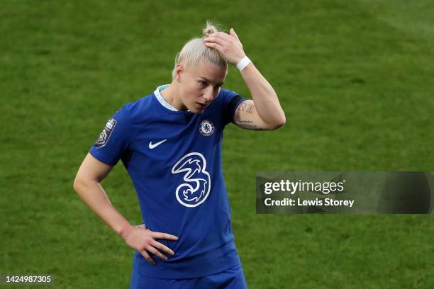 Bethany England of Chelsea looks dejected following their side's defeat in the FA Women's Super League match between Liverpool FC and Chelsea FC at...