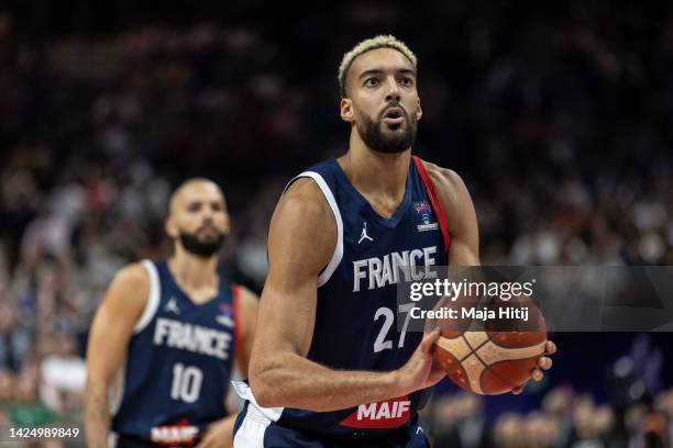 Rudy Gobert of France shoots the ball during the FIBA EuroBasket 2022 final match between Spain v France at EuroBasket Arena Berlin on September 18,...