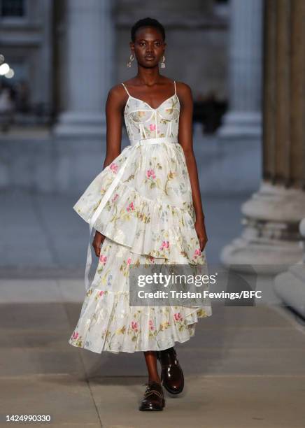 Model walks the runway at the Erdem show during London Fashion Week September 2022 on September 18, 2022 in London, England.