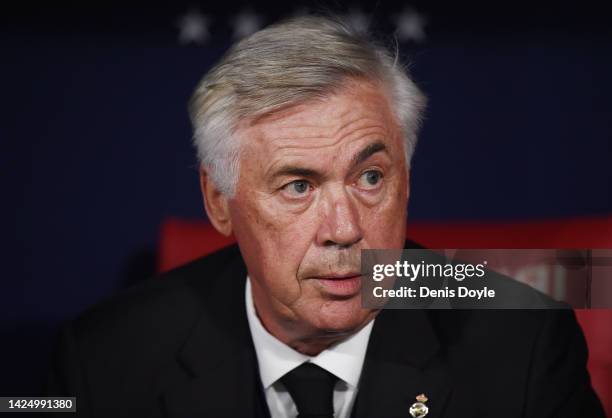 Carlo Ancelotti, Head Coach of Real Madrid looks on prior to the LaLiga Santander match between Atletico de Madrid and Real Madrid CF at Civitas...