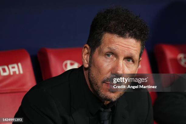 Diego Simeone, Head Coach of Atletico de Madrid looks on prior to the LaLiga Santander match between Atletico de Madrid and Real Madrid CF at Civitas...