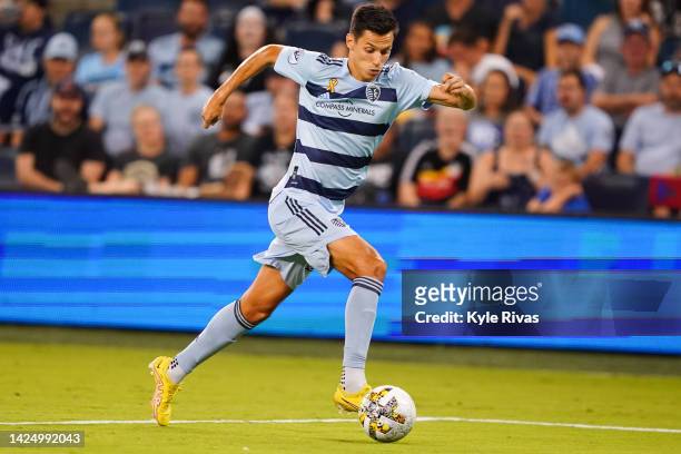 Dániel Sallói of Sporting Kansas City pushes into the Minnesota United backfield during the second half at Children's Mercy Park on September 17,...