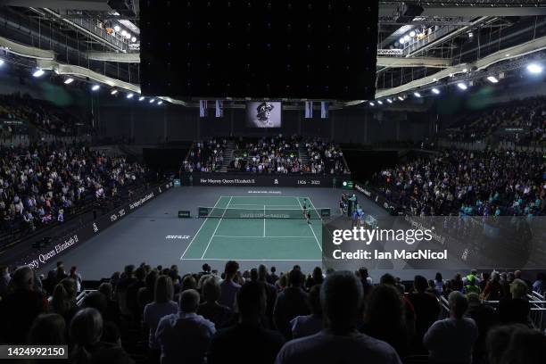 General view as an LED board inside the Arena displays a tribute to Her Majesty Queen Elizabeth II, who died at Balmoral Castle on September 8 prior...