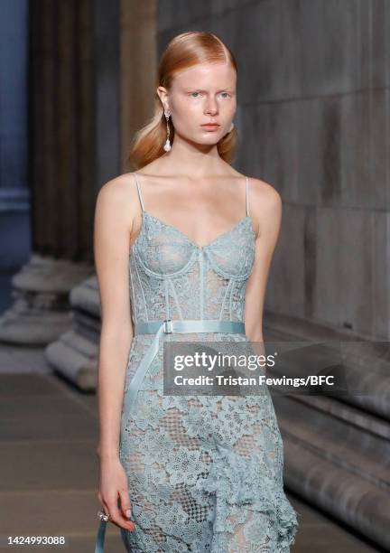 Model walks the runway at the Erdem show during London Fashion Week September 2022 on September 18, 2022 in London, England.