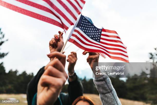 american flags raised for holiday celebrations - veterans day stock pictures, royalty-free photos & images