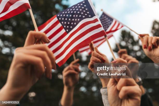 american flags raised for holiday celebrations - feriado americano memorial day imagens e fotografias de stock