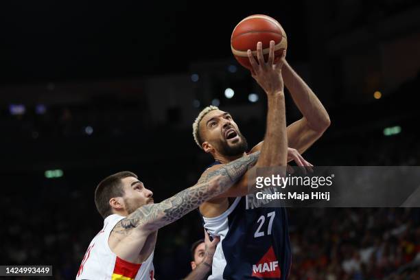 Rudy Gobert of France drives to the basket as Juancho Hernangomez of Spain defends during the FIBA EuroBasket 2022 final match between Spain v France...