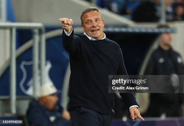 Andre Breitenreiter, Head Coach of TSG Hoffenheim reacts during the Bundesliga match between TSG Hoffenheim and Sport-Club Freiburg at PreZero-Arena...