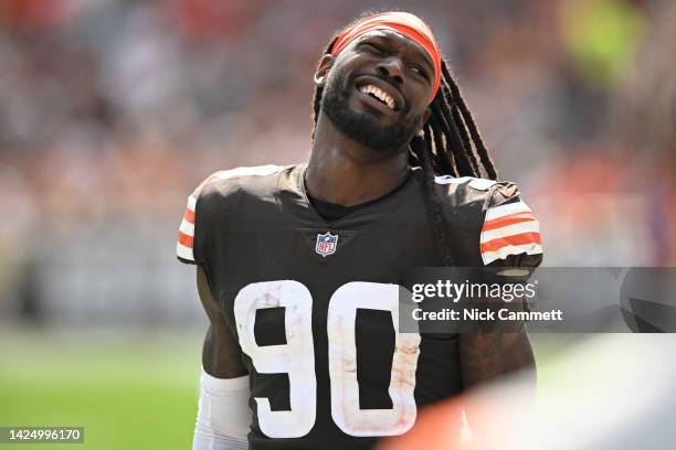 Jadeveon Clowney of the Cleveland Browns looks on during the second half of the game against the New York Jets at FirstEnergy Stadium on September...
