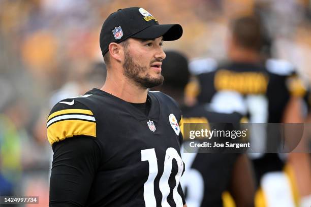 Mitch Trubisky of the Pittsburgh Steelers looks on during the second half in the game against the New England Patriots at Acrisure Stadium on...