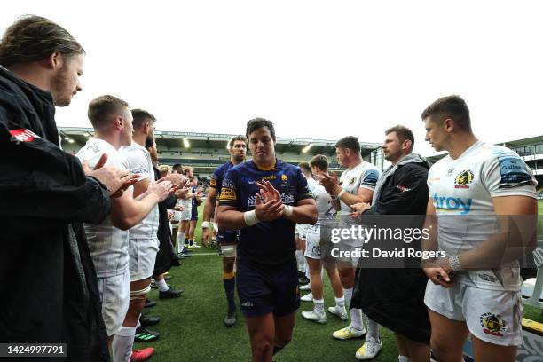 Francois Venter, the Worcester Warriors captain, leads his team off the pitch after their defeat during the Gallagher Premiership Rugby match between...