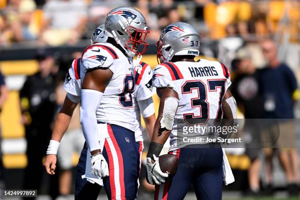 Damien Harris of the New England Patriots celebrates a touchdown during the second half in the game against the Pittsburgh Steelers at Acrisure...