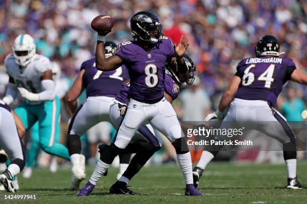 Lamar Jackson of the Baltimore Ravens throws a pass in the second half against the Miami Dolphins at M&T Bank Stadium on September 18, 2022 in...
