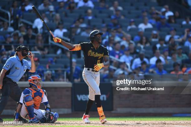 Oneil Cruz of the Pittsburgh Pirates watches his home run in the top of the sixth inning off Jacob deGrom of the New York Mets at Citi Field on...