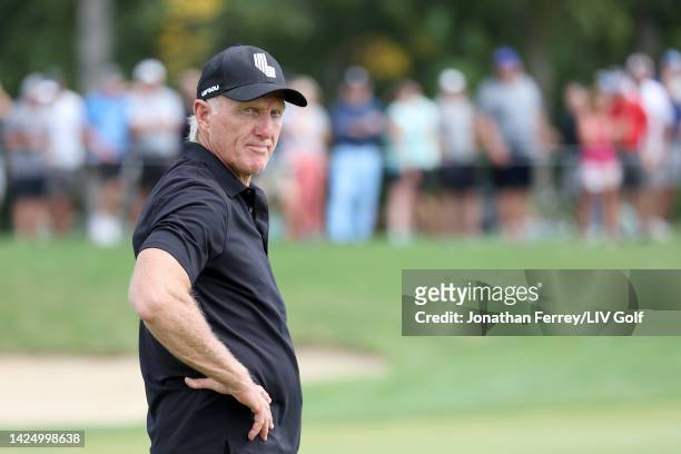 Greg Norman, CEO and commissioner of LIV Golf, looks on from the second fairway during Day Three of the LIV Golf Invitational - Chicago at Rich...