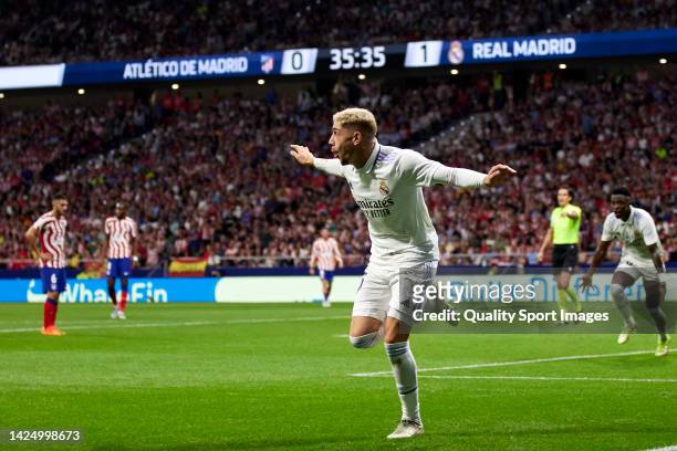 Fede Valverde of Real Madrid CF celebrates after scoring his team's second goal during the LaLiga Santander match between Atletico de Madrid and Real...