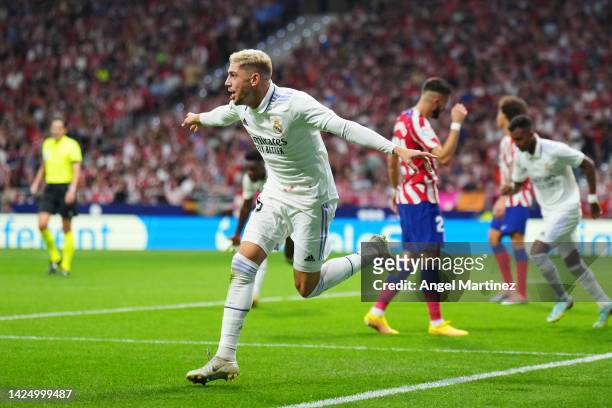 Federico Valverde of Real Madrid celebrates after scoring their team's second goal during the LaLiga Santander match between Atletico de Madrid and...