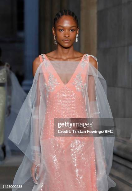 Model walks the runway at the Erdem show during London Fashion Week September 2022 on September 18, 2022 in London, England.