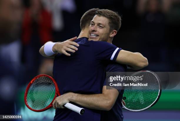 Joe Salisbury of Great Britain and Neal Skupski of Great Britain celebrate as they win their doubles match against Aleksander Nedovyesov and...