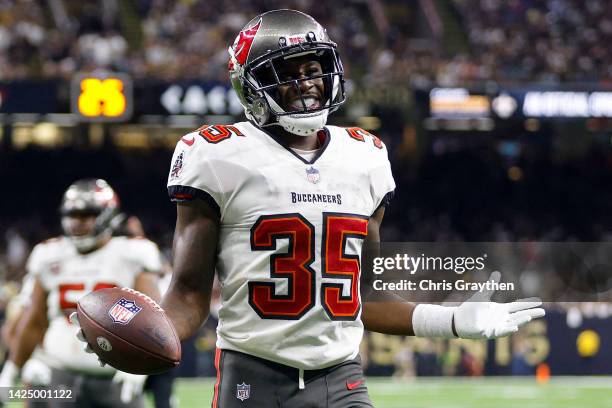 Jamel Dean of the Tampa Bay Buccaneers celebrates after catching an interception during the fourth quarter against the New Orleans Saints at Caesars...