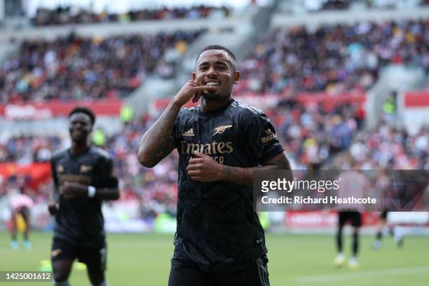Gabriel Jesus of Arsenal celebrates scoring a goal during the Premier League match between Brentford FC and Arsenal FC at Brentford Community Stadium...