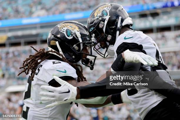 Rayshawn Jenkins of the Jacksonville Jaguars celebrates after breaking up a pass in the end zone in the second half against the Indianapolis Colts at...