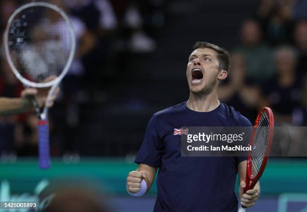 Neal Skupski of Great Britain celebrates as he and Joe Salisbury of Great Britain win their doubles match against Aleksander Nedovyesov and Alexander...