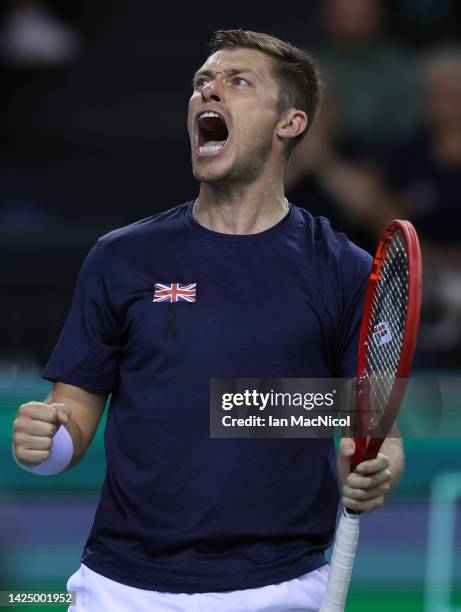 Neal Skupski of Great Britain celebrates as he and Joe Salisbury of Great Britain win their doubles match against Aleksander Nedovyesov and Alexander...