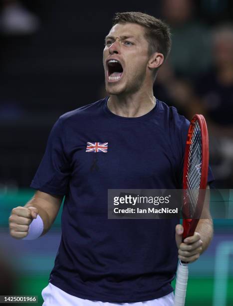 Neal Skupski of Great Britain celebrates as he and Joe Salisbury of Great Britain win their doubles match against Aleksander Nedovyesov and Alexander...