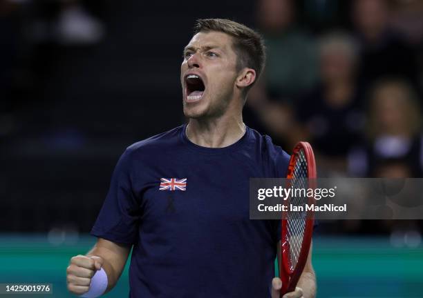 Neal Skupski of Great Britain celebrates as he and Joe Salisbury of Great Britain win their doubles match against Aleksander Nedovyesov and Alexander...