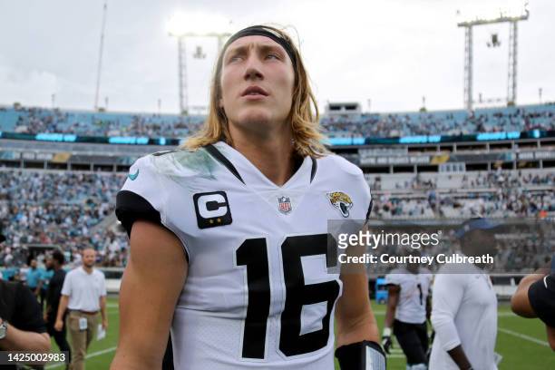 Trevor Lawrence of the Jacksonville Jaguars walks off the field after a 24-0 win over the Indianapolis Colts at TIAA Bank Field on September 18, 2022...