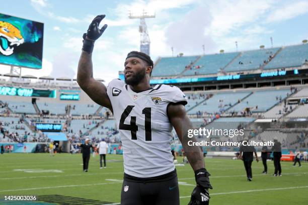 Josh Allen of the Jacksonville Jaguars reacts after a 24-0 win over the Indianapolis Colts at TIAA Bank Field on September 18, 2022 in Jacksonville,...