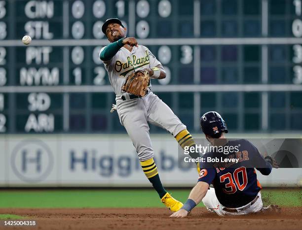 Tony Kemp of the Oakland Athletics throws to first base as Kyle Tucker of the Houston Astros slides into second base in the fifth inning at Minute...