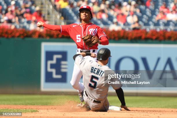 Abrams of the Washington Nationals forces out Jon Berti of the Miami Marlins on a fielder's choice in the fifth inning at Nationals Parks on...